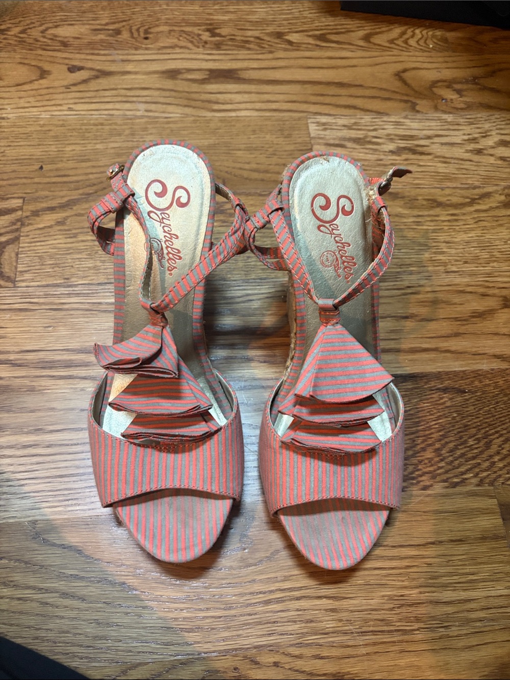 Seychelles Coral and Pink Striped Ruffle Slingback Heels
